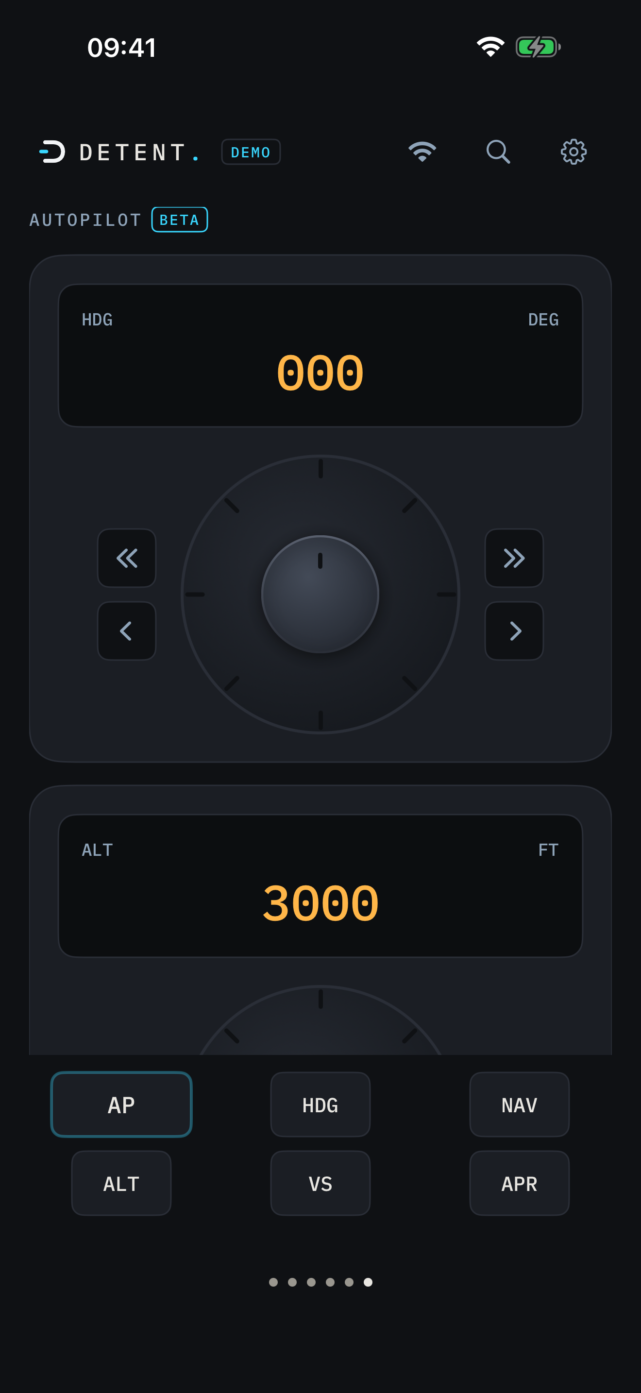 DETENT autopilot page with a Beta chip, heading, altitude and vertical speed bug knobs, and the AP, HDG, NAV, ALT, VS and APR mode buttons