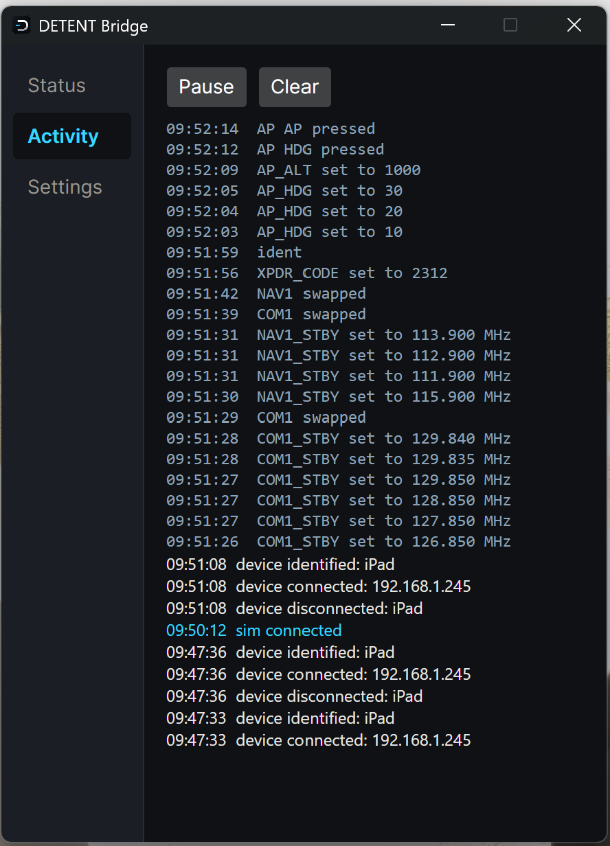 DETENT Bridge app Activity view listing live COM and NAV tune and swap events, a transponder code and ident, autopilot button presses, and a connected iPad by IP address