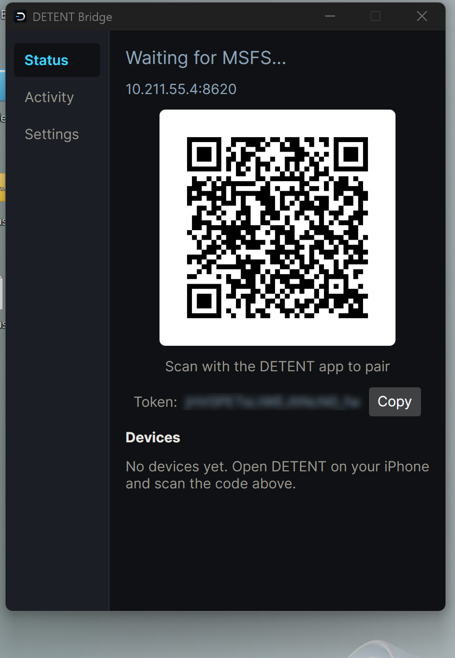 DETENT Bridge running on Windows, Status view showing Waiting for MSFS, a pairing QR code, a blurred token, and no devices connected yet