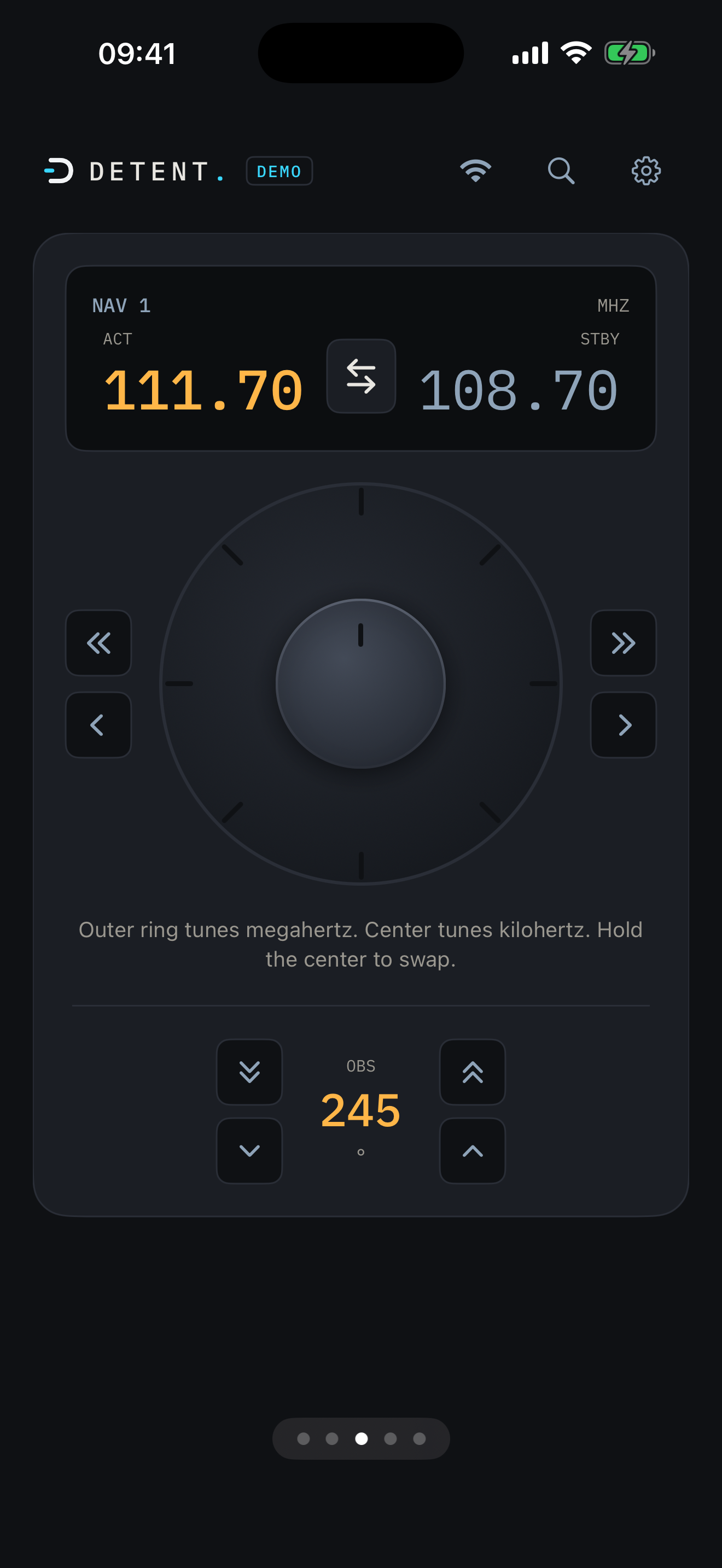 DETENT NAV1 page on iPhone showing active and standby frequencies and an OBS course readout of 245