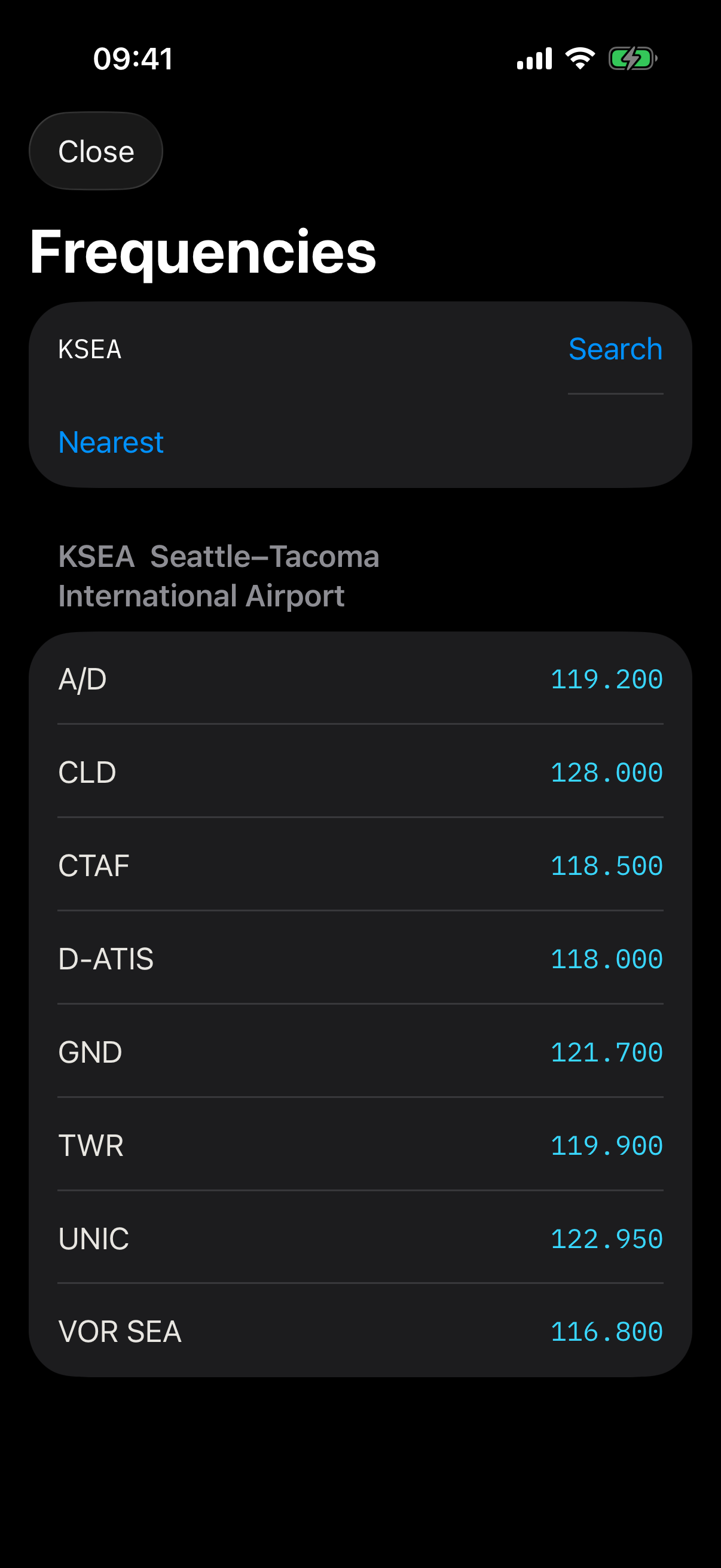 DETENT airport lookup listing COM and VOR frequencies for KSEA