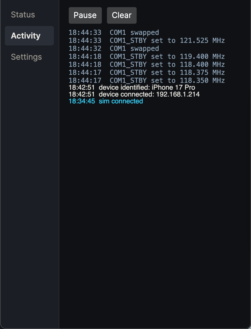 DETENT Bridge app Activity view listing live radio tune events and a connected device by name