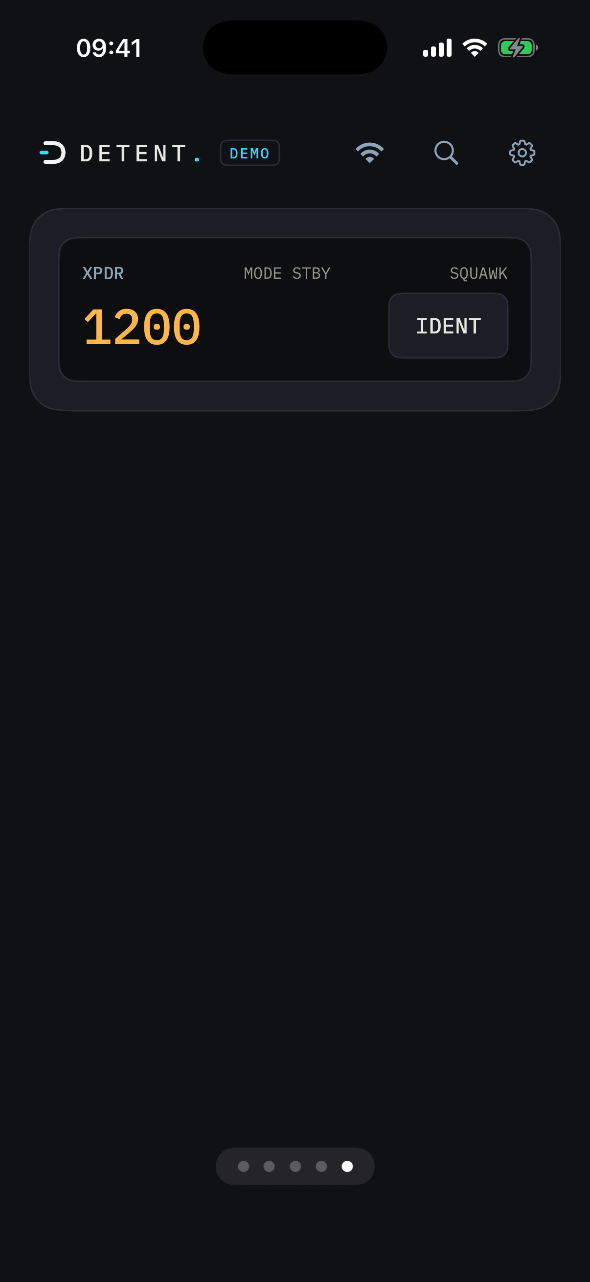 DETENT transponder page on iPhone showing the squawk code and IDENT